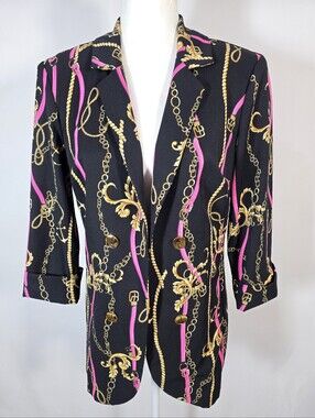 Frank Lyman Blazer Jacket Chain Print Black Pink Gold Size 6